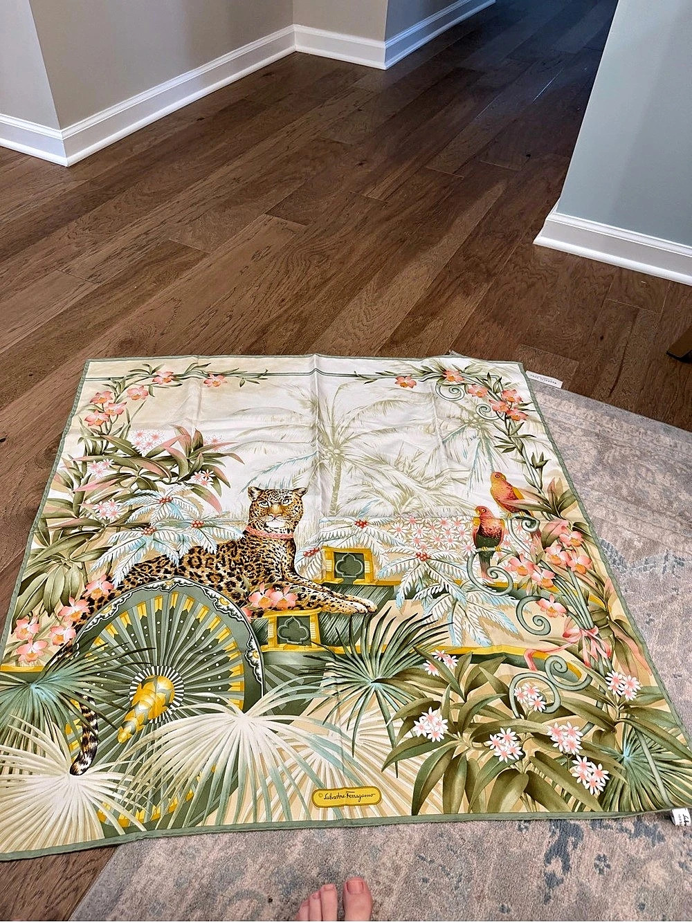 Salvatore Ferragamo Jungle Print Silk Scarf in Green & Pink